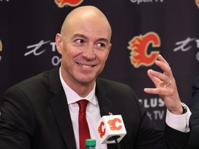 New Calgary Flames head coach Ryan Huska speaks with media at the Scotiabank Saddledome.