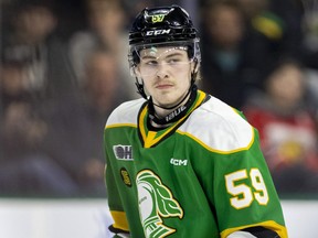 Oliver Bonk of the London Knights skates during a game.