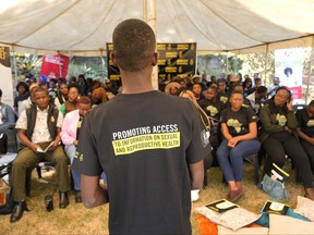 A man is seen during a presentation at a workshop on women's sexual and reproductive health in Harare, Zimbabwe, on Friday, June, 16, 2023. Zimbabwean woman Sitabile Dewa is challenging a sex toys ban in the country which she describes in court papers filed in March as "archaic" and "repressive" laws used to arrest women for having sex toys.Her court challenge - a bold act in a society where females are usually shamed for being openly sexual - highlights the struggles endured by Zimbabwean women battling to attain sexual freedom.