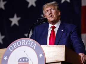 Former U.S. President Donald Trump delivers remarks during the Georgia state GOP convention at the Columbus Convention and Trade Center in Columbus, Ga., Saturday, June 10, 2023.