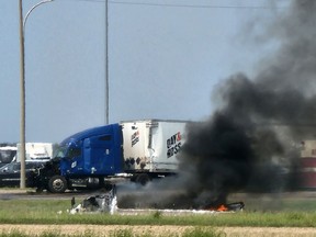 The scene of a crash that has closed a section of the Trans-Canada Highway near Carberry, Manitoba on June 15, 2023.