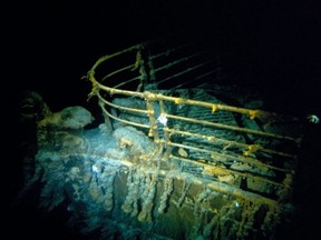 This handout image taken during the historical 1986 dive, courtesy of Woods Hole Oceanographic Institution and released Feb. 15, 2023, shows the Titanic bow.