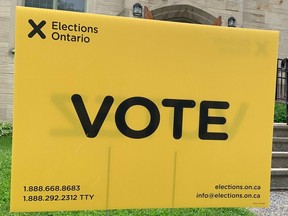 A file photo shows a polling station sign for the 2022 Ontario general election.