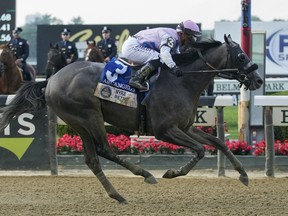 Arcangelo, with jockey Javier Castellano, crosses the finish line to win the Belmont Stakes horse race, Saturday, June 10, 2023, at Belmont Park in Elmont, N.Y.