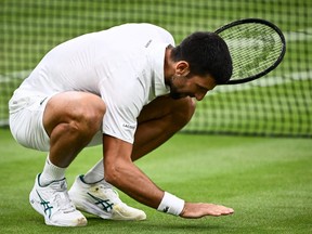 Novak Djokovic kisses the grass as he celebrates winning against Italy's Jannik Sinner during their Wimbledon semifinal.