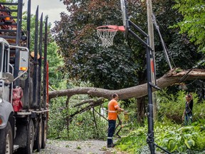 The Westboro area was heavily hit by Friday night's storm that ripped through the area with high winds, large hail and heavy rain. Hydro crews and city tree cleanup crews were out in the area working hard to get power restored and streets opened Saturday, July 29, 2023.