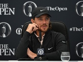England's Tommy Fleetwood attends a press conference ahead of the 151st British Open Golf Championship at Royal Liverpool Golf Course in Hoylake, north west England on July 19, 2023.