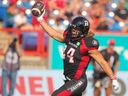 The Redblacks' Ante Milanovic-Litre celebrates a first-half TD during CFL action between Ottawa and the Calgary Stampeders at McMahon Stadium in Calgary on Sunday, July 23, 2023. 