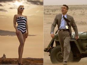 This combination of images shows Margot Robbie in a scene from "Barbie," left, and Cillian Murphy in a scene from "Oppenheimer."