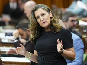 Minister of Finance Chrystia Freeland rises during question period in the House of Commons on Parliament Hill in Ottawa on Monday, June 19, 2023. THE CANADIAN PRESS/Sean Kilpatrick