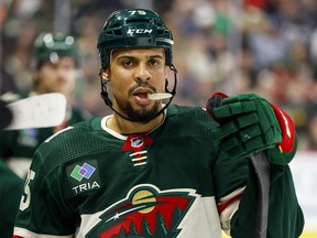 Ryan Reaves, then with the Minnesota Wild, looks on during a game at the Xcel Energy Center.
