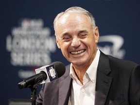 MLB commissioner Robert Manfred speaks during a press conference during a workout day ahead of the MLB London Series Match between the St. Louis Cardinals and Chicago Cubs at the London Stadium, London, Friday June 23, 2023.