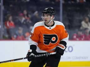 FILE - Philadelphia Flyers' Tony DeAngelo plays during an NHL hockey game, Wednesday, Jan. 11, 2023, in Philadelphia. The Philadelphia Flyers have placed defenseman Tony DeAngelo on unconditional waivers after one season with the club.