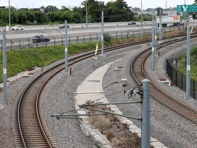 A photo of LRT tracks near Cyrville Station.
