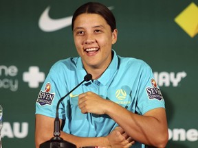 Australia's Women's World Cup captain Sam Kerr reacts during a press conference in Brisbane, Australia, Saturday, July 29, 2023.