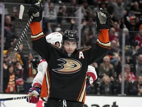 Anaheim Ducks right winger Troy Terry celebrates a goal.