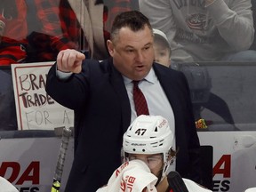 Ottawa Senators coach D.J. Smith directs his team during the third period of an NHL hockey game against the Columbus Blue Jackets.