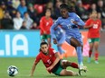 Nesryne El Chad of Morocco and Naomie Feller of France compete for the ball during the FIFA Women's World Cup Australia & New Zealand 2023 Round of 16 match between France and Morocco at Hindmarsh Stadium on August 08, 2023 in Adelaide, Australia.