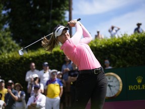 Brooke Henderson of Canada hits from the 14th hole during the Evian Championship women's golf tournament in Evian, eastern France, Sunday, July 30, 2023. Brooke Henderson headlines a stacked field of golfers at this week's CPKC Women's Open.