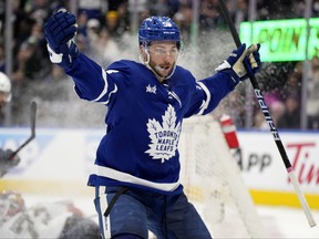 Michael Bunting celebrates a goal during his team with the Maple Leafs. Bunting is now with the Carolina Hurricanes.