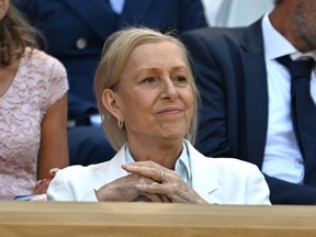 Former Wimbledon champion Martina Navratilova sits in the Royal Box ahead of play during Wimbledon at the All England Lawn Tennis and Croquet Club on July 7, 2023, in London.