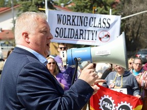 Marc Brière, president of the Union of Taxation Employees, at a PSAC rally in Sudbury on April 28.