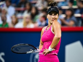 Bianca Andreescu of Canada looks on after losing a point against Camila Giorgi of Italy on Day 2 during the National Bank Open at Stade IGA on Aug. 8, 2023 in Montreal.
