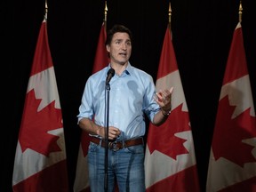 Prime Minister Justin Trudeau makes a statement about the wildfires in Western Canada in Charlottetown, Sunday, Aug. 20, 2023.