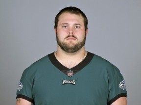 This is a 2022 photo of Josh Sills of the Philadelphia Eagles NFL football team. Josh Sills, a reserve offensive lineman for the NFC champion Philadelphia Eagles, has been indicted on rape and kidnapping charges that stem from an incident in Ohio just over three years ago, authorities said Wednesday, Feb. 1, 2023.