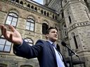Conservative Leader Pierre Poilievre speaks at a news conference outside West Block on Parliament Hill in Ottawa, Tuesday, Aug. 1, 2023.