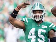 Saskatchewan Roughriders defensive lineman Pete Robertson (45) during the Labour Day Classic CFL football game at Mosaic Stadium in Regina, Saskatchewan on Sept. 3, 2021.