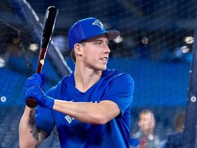 Maple Leafs star Mitch Marner takes batting practice with the Toronto Blue Jays.