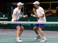 Harri Heliovaara and Patrick Kaukovalta of Team Finland celebrate after defeating Austin Krajicek and Rajeev Ram of the United States on the 2023 Davis Cup Finals Group D Stage match between USA and Finland at Arena Gripe Sports Centre on September 16, 2023 in Split, Croatia.