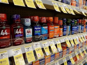 Cold and flu medicine sits on a store shelf