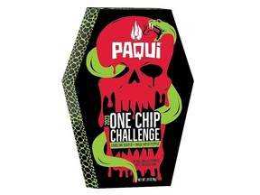 Paqui's One Chip Challenge tortilla chip packaging is shaped like a coffin.