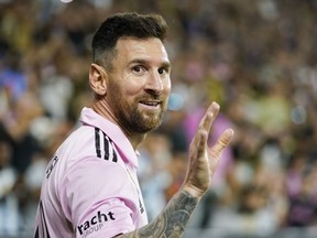 Inter Miami forward Lionel Messi waves to the crowd during the second half of an MLS soccer match against Los Angeles FC, Sunday, Sept. 3, 2023, in Los Angeles.