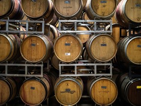 Barrels of wine are shown in the cellar at Southbrook Organic Vineyards in Niagara-on-the-Lake