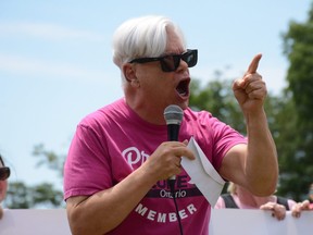 Fred Hahn, president of CUPE Ontario, speaks to a crowd in support of children's aid workers across Lanark, Leeds and Grenville at a rally held in Brockville on Wednesday, July 19, 2023.