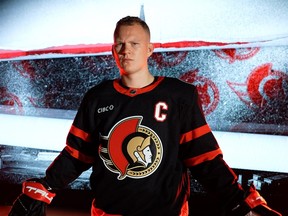 Ottawa Senators captain Brady Tkachuk wears a jersey with a new sponsor patch.