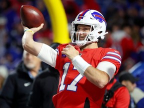 Josh Allen of the Buffalo Bills throws a pass while warming up before a game against the New York Giants at Highmark Stadium on Oct. 15, 2023 in Orchard Park, N.Y.