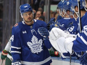 Maple Leafs forward Auston Matthews celebrates a goal against the Wild during the first period at Scotiabank Arena in Toronto, Saturday, Oct. 14, 2023.