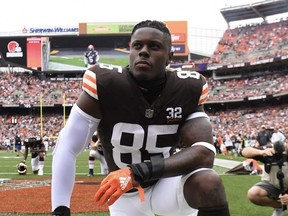 Browns tight end David Njoku is seen before a game against the Titans at Cleveland Browns Stadium in Cleveland, Sept. 24, 2023.