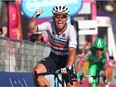 Astana Qazaqstan Team's British rider Mark Cavendish celebrates as he crosses the finish line to win the twenty-first and last stage of the Giro d'Italia 2023 cycling race, 135 km in and around Rome on May 28, 2023.