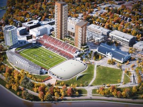 Rendering of Lansdowne Stadium, with two towers in the vista, and a new arena