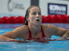Team Canada's Sydney Pickrem recovers after winning gold in the women's 200m IM swimming at the Pan American Games in Santiago, Chile on Wednesday Oct. 25, 2023.
