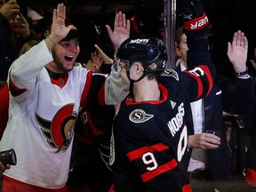 Ottawa Senator Josh Norris celebrates with the fans after scoring in the first period on Wednesday night at the Canadian Tire Centre.