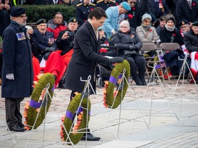Thousands gathered at The National War Memorial for the Remembrance Day ceremony, Saturday, Nov. 11, 2023. Prime Minister Justin Trudeau placed a wreath Saturday.