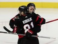 Ottawa Senators centre Rourke Chartier celebrates his third-period goal against the Calgary Flames.