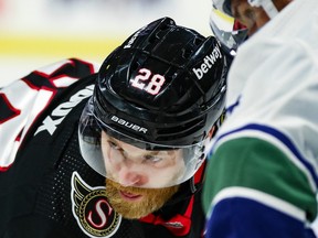Claude Giroux of the Ottawa Senators looks on prior to a second period face-off against the Vancouver Canucks.