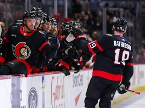 Senators forward Drake Batherson celebrates his goal against Calgary.